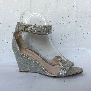 Kate Spade New York Silver Wedge Ankle Strap Dressy Sandal  Size 5.5 Ronia Lurex